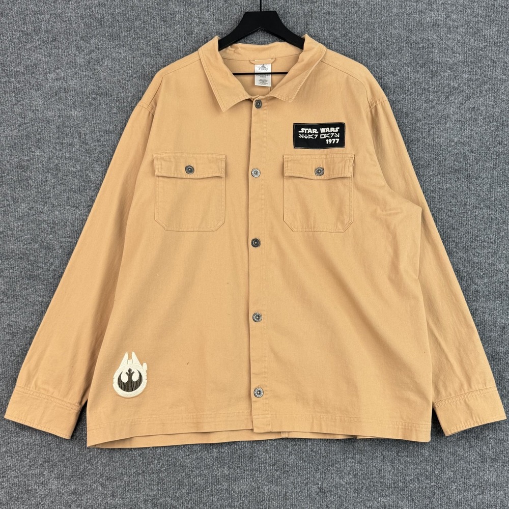Disney Star Wars Shirt Jacket Mens XL Brown Khaki Coat Button Up Long Sleeve